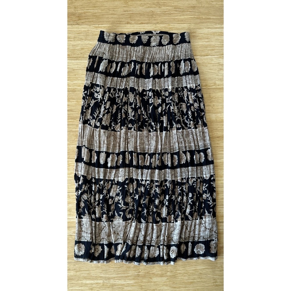 Vtg  Tan/ Black Fairy Grunge Floral Print Boho Hippie Crinkle Maxi Skirt Medium